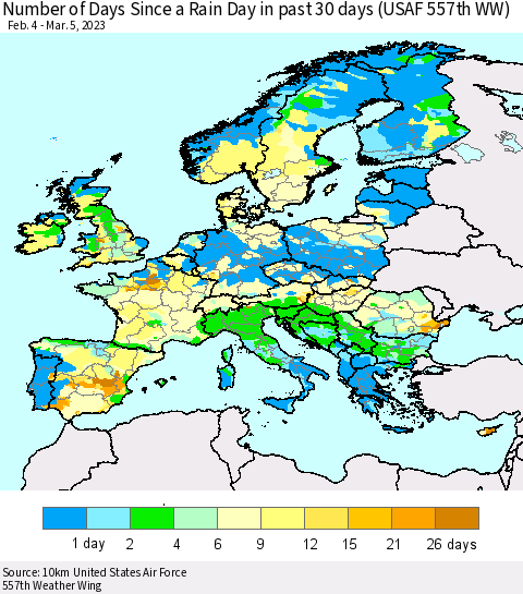 Europe Number of Days Since a Rain Day in past 30 days (USAF 557th WW) Thematic Map For 3/1/2023 - 3/5/2023