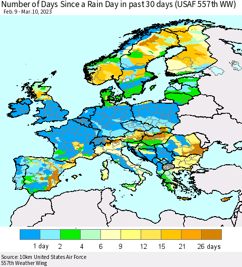 Europe Number of Days Since a Rain Day in past 30 days (USAF 557th WW) Thematic Map For 3/6/2023 - 3/10/2023