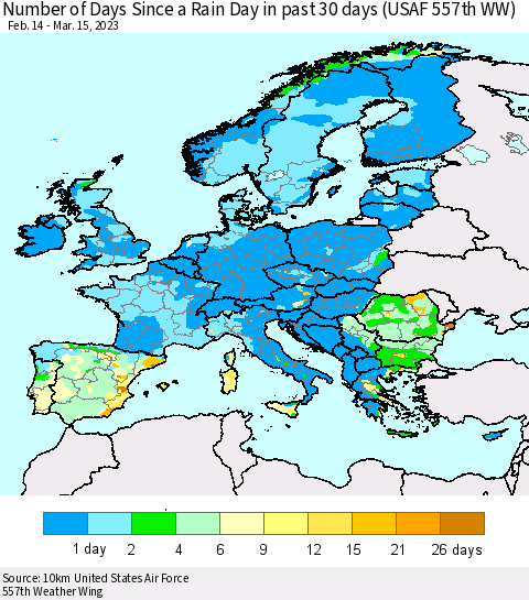 Europe Number of Days Since a Rain Day in past 30 days (USAF 557th WW) Thematic Map For 3/11/2023 - 3/15/2023