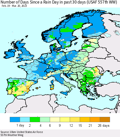 Europe Number of Days Since a Rain Day in past 30 days (USAF 557th WW) Thematic Map For 3/16/2023 - 3/20/2023