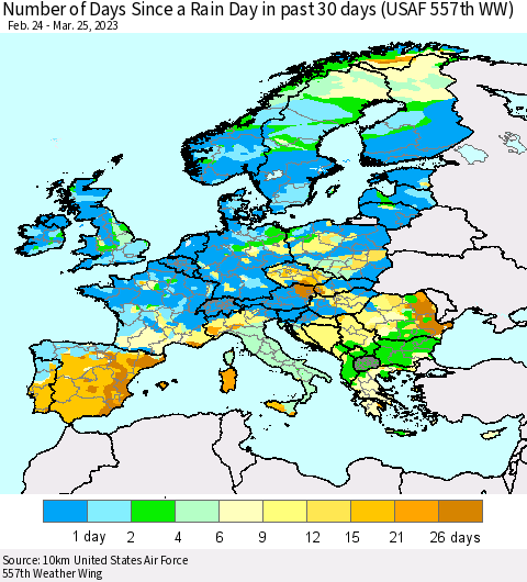 Europe Number of Days Since a Rain Day in past 30 days (USAF 557th WW) Thematic Map For 3/21/2023 - 3/25/2023