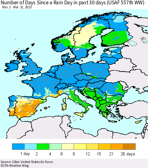 Europe Number of Days Since a Rain Day in past 30 days (USAF 557th WW) Thematic Map For 3/26/2023 - 3/31/2023