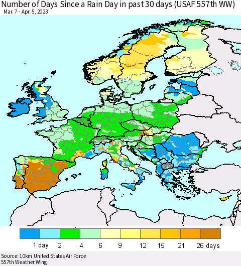 Europe Number of Days Since a Rain Day in past 30 days (USAF 557th WW) Thematic Map For 4/1/2023 - 4/5/2023