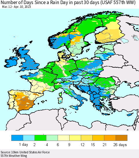 Europe Number of Days Since a Rain Day in past 30 days (USAF 557th WW) Thematic Map For 4/6/2023 - 4/10/2023