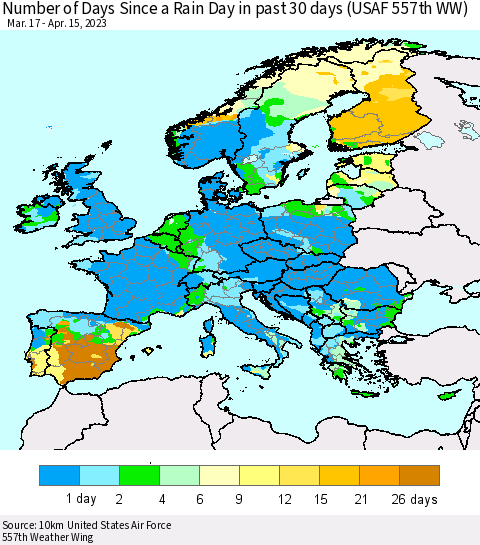 Europe Number of Days Since a Rain Day in past 30 days (USAF 557th WW) Thematic Map For 4/11/2023 - 4/15/2023