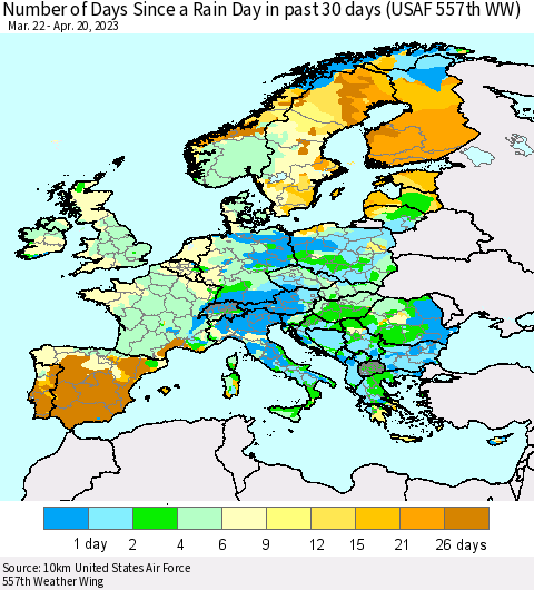 Europe Number of Days Since a Rain Day in past 30 days (USAF 557th WW) Thematic Map For 4/16/2023 - 4/20/2023