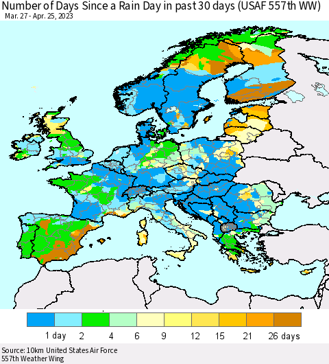 Europe Number of Days Since a Rain Day in past 30 days (USAF 557th WW) Thematic Map For 4/21/2023 - 4/25/2023