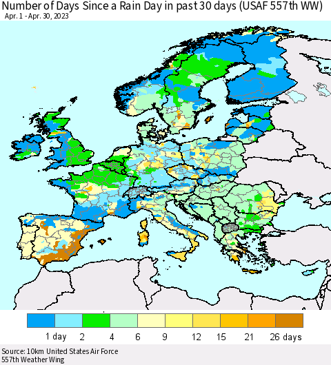 Europe Number of Days Since a Rain Day in past 30 days (USAF 557th WW) Thematic Map For 4/26/2023 - 4/30/2023