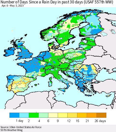 Europe Number of Days Since a Rain Day in past 30 days (USAF 557th WW) Thematic Map For 5/1/2023 - 5/5/2023