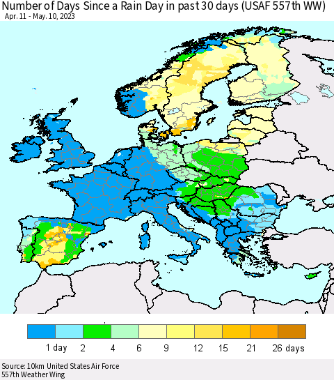 Europe Number of Days Since a Rain Day in past 30 days (USAF 557th WW) Thematic Map For 5/6/2023 - 5/10/2023