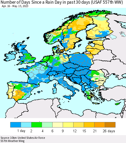 Europe Number of Days Since a Rain Day in past 30 days (USAF 557th WW) Thematic Map For 5/11/2023 - 5/15/2023