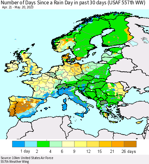 Europe Number of Days Since a Rain Day in past 30 days (USAF 557th WW) Thematic Map For 5/16/2023 - 5/20/2023