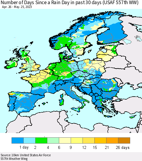 Europe Number of Days Since a Rain Day in past 30 days (USAF 557th WW) Thematic Map For 5/21/2023 - 5/25/2023