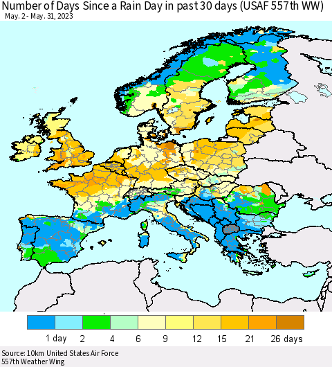 Europe Number of Days Since a Rain Day in past 30 days (USAF 557th WW) Thematic Map For 5/26/2023 - 5/31/2023