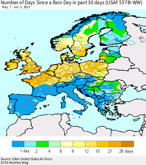 Europe Number of Days Since a Rain Day in past 30 days (USAF 557th WW) Thematic Map For 6/1/2023 - 6/5/2023