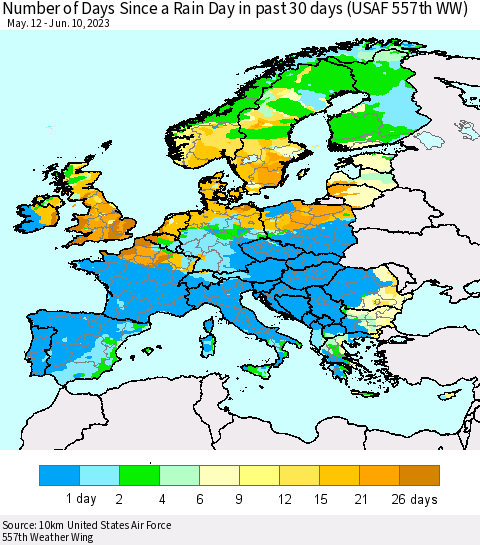 Europe Number of Days Since a Rain Day in past 30 days (USAF 557th WW) Thematic Map For 6/6/2023 - 6/10/2023