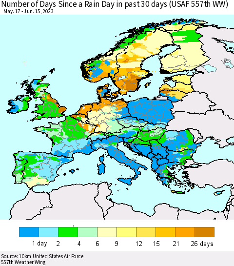 Europe Number of Days Since a Rain Day in past 30 days (USAF 557th WW) Thematic Map For 6/11/2023 - 6/15/2023