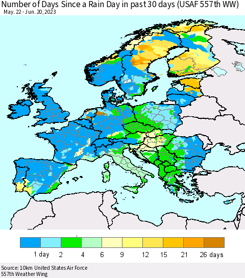 Europe Number of Days Since a Rain Day in past 30 days (USAF 557th WW) Thematic Map For 6/16/2023 - 6/20/2023