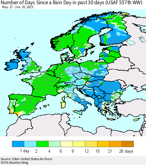 Europe Number of Days Since a Rain Day in past 30 days (USAF 557th WW) Thematic Map For 6/21/2023 - 6/25/2023
