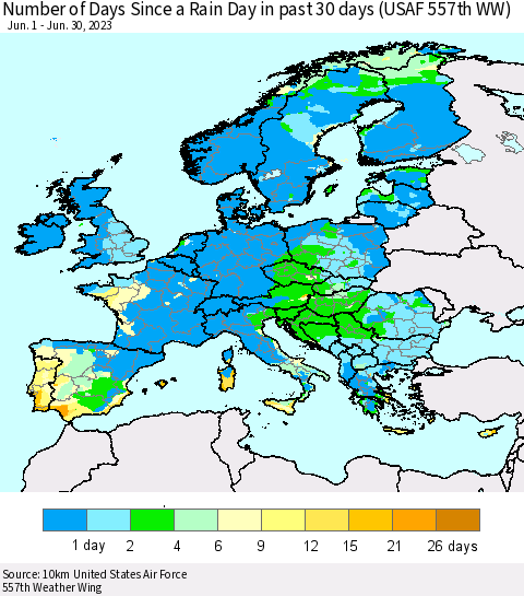 Europe Number of Days Since a Rain Day in past 30 days (USAF 557th WW) Thematic Map For 6/26/2023 - 6/30/2023