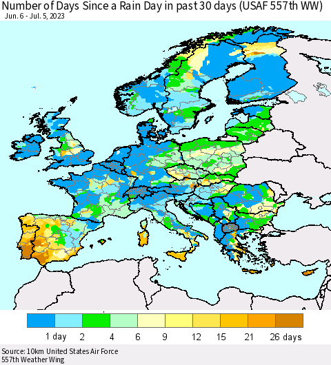 Europe Number of Days Since a Rain Day in past 30 days (USAF 557th WW) Thematic Map For 7/1/2023 - 7/5/2023