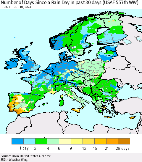 Europe Number of Days Since a Rain Day in past 30 days (USAF 557th WW) Thematic Map For 7/6/2023 - 7/10/2023