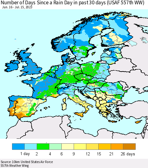 Europe Number of Days Since a Rain Day in past 30 days (USAF 557th WW) Thematic Map For 7/11/2023 - 7/15/2023