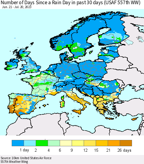 Europe Number of Days Since a Rain Day in past 30 days (USAF 557th WW) Thematic Map For 7/16/2023 - 7/20/2023