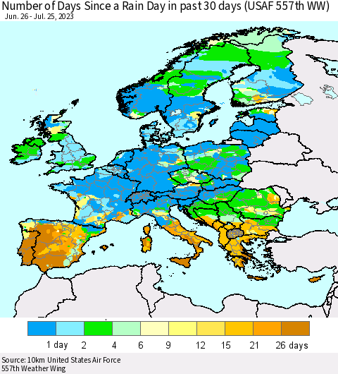 Europe Number of Days Since a Rain Day in past 30 days (USAF 557th WW) Thematic Map For 7/21/2023 - 7/25/2023