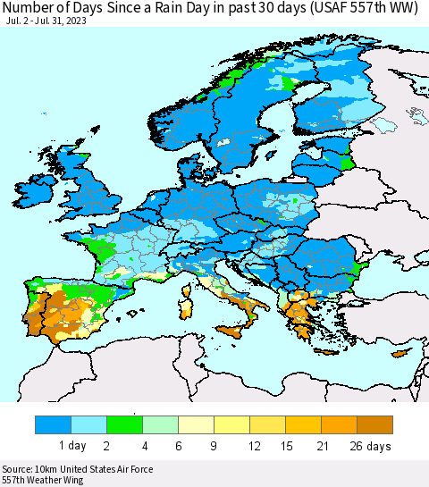 Europe Number of Days Since a Rain Day in past 30 days (USAF 557th WW) Thematic Map For 7/26/2023 - 7/31/2023