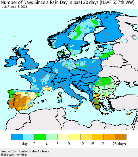 Europe Number of Days Since a Rain Day in past 30 days (USAF 557th WW) Thematic Map For 8/1/2023 - 8/5/2023