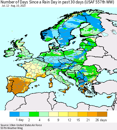 Europe Number of Days Since a Rain Day in past 30 days (USAF 557th WW) Thematic Map For 8/6/2023 - 8/10/2023