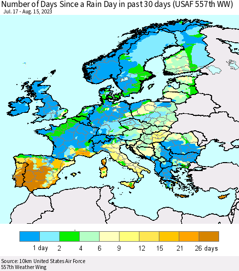 Europe Number of Days Since a Rain Day in past 30 days (USAF 557th WW) Thematic Map For 8/11/2023 - 8/15/2023