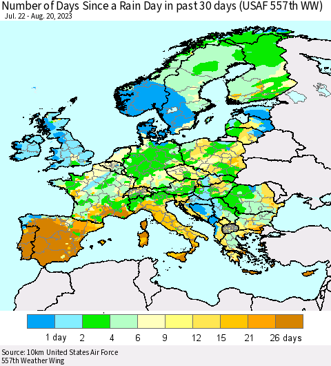 Europe Number of Days Since a Rain Day in past 30 days (USAF 557th WW) Thematic Map For 8/16/2023 - 8/20/2023