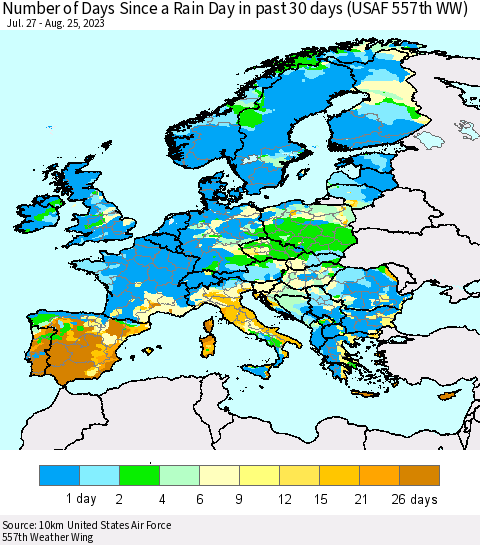 Europe Number of Days Since a Rain Day in past 30 days (USAF 557th WW) Thematic Map For 8/21/2023 - 8/25/2023