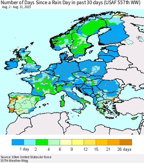 Europe Number of Days Since a Rain Day in past 30 days (USAF 557th WW) Thematic Map For 8/26/2023 - 8/31/2023