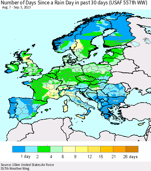 Europe Number of Days Since a Rain Day in past 30 days (USAF 557th WW) Thematic Map For 9/1/2023 - 9/5/2023
