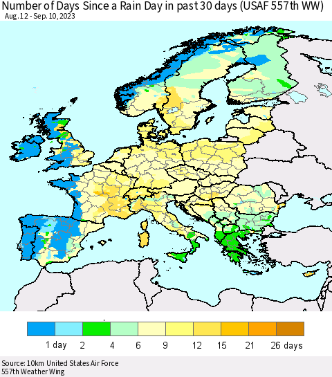 Europe Number of Days Since a Rain Day in past 30 days (USAF 557th WW) Thematic Map For 9/6/2023 - 9/10/2023