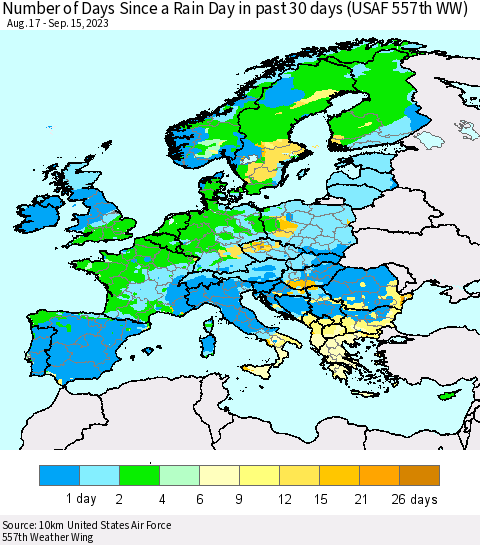 Europe Number of Days Since a Rain Day in past 30 days (USAF 557th WW) Thematic Map For 9/11/2023 - 9/15/2023