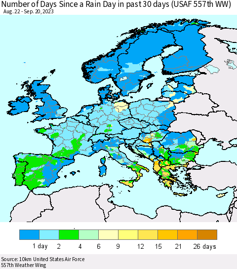 Europe Number of Days Since a Rain Day in past 30 days (USAF 557th WW) Thematic Map For 9/16/2023 - 9/20/2023