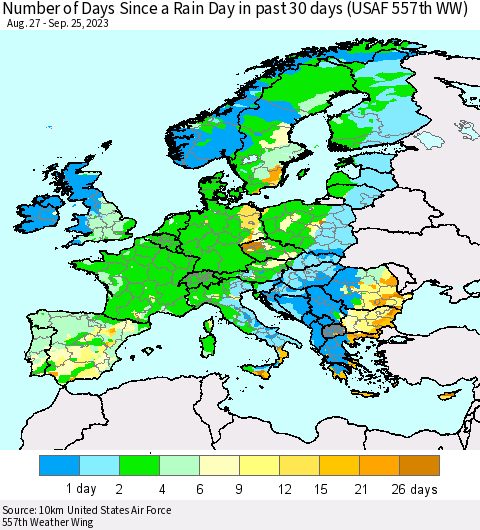 Europe Number of Days Since a Rain Day in past 30 days (USAF 557th WW) Thematic Map For 9/21/2023 - 9/25/2023