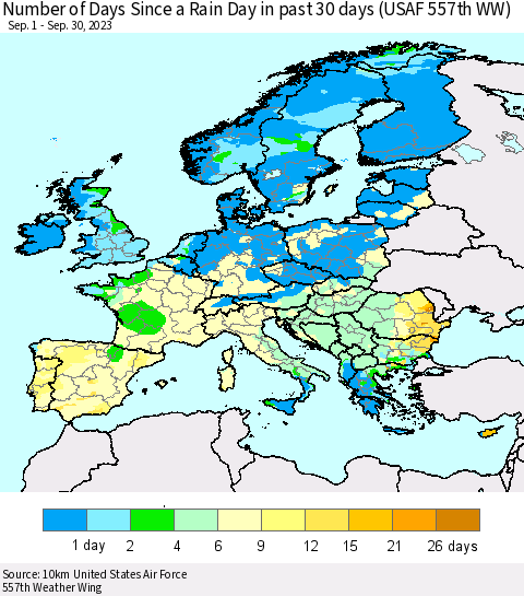 Europe Number of Days Since a Rain Day in past 30 days (USAF 557th WW) Thematic Map For 9/26/2023 - 9/30/2023