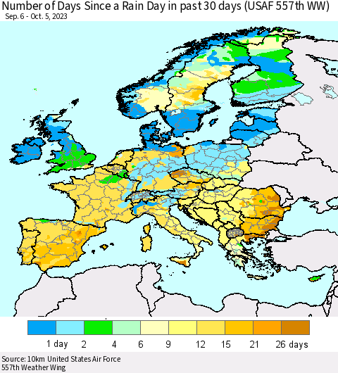 Europe Number of Days Since a Rain Day in past 30 days (USAF 557th WW) Thematic Map For 10/1/2023 - 10/5/2023