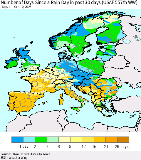 Europe Number of Days Since a Rain Day in past 30 days (USAF 557th WW) Thematic Map For 10/6/2023 - 10/10/2023