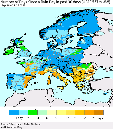 Europe Number of Days Since a Rain Day in past 30 days (USAF 557th WW) Thematic Map For 10/11/2023 - 10/15/2023
