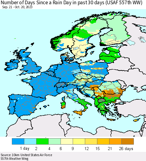 Europe Number of Days Since a Rain Day in past 30 days (USAF 557th WW) Thematic Map For 10/16/2023 - 10/20/2023