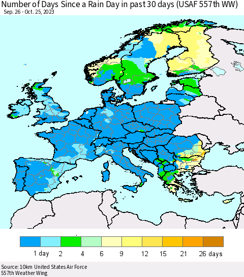 Europe Number of Days Since a Rain Day in past 30 days (USAF 557th WW) Thematic Map For 10/21/2023 - 10/25/2023