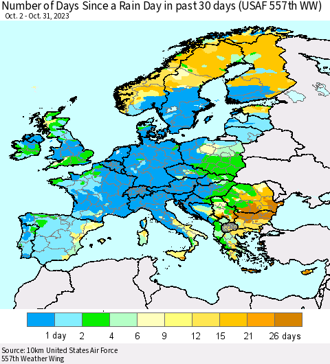 Europe Number of Days Since a Rain Day in past 30 days (USAF 557th WW) Thematic Map For 10/26/2023 - 10/31/2023