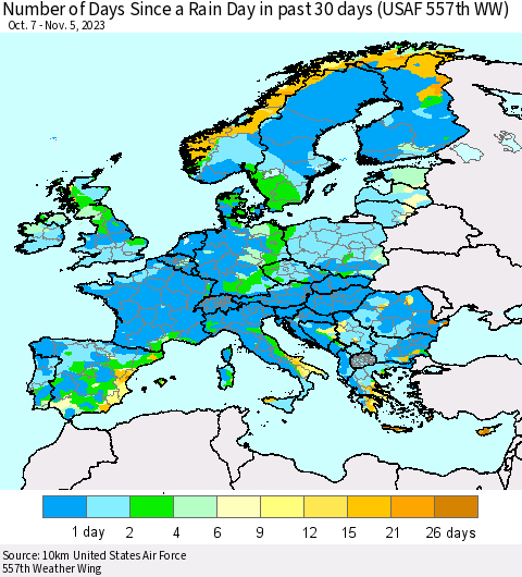 Europe Number of Days Since a Rain Day in past 30 days (USAF 557th WW) Thematic Map For 11/1/2023 - 11/5/2023