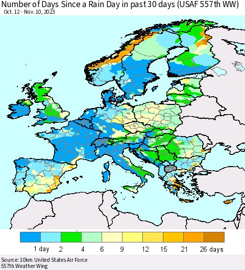 Europe Number of Days Since a Rain Day in past 30 days (USAF 557th WW) Thematic Map For 11/6/2023 - 11/10/2023